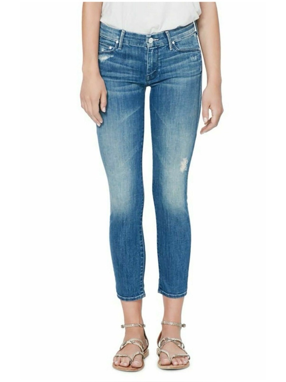 Mother Women’s Sz 27 Mid Rise Looker Jeans Crop Ankle Zip Stretch Denim
